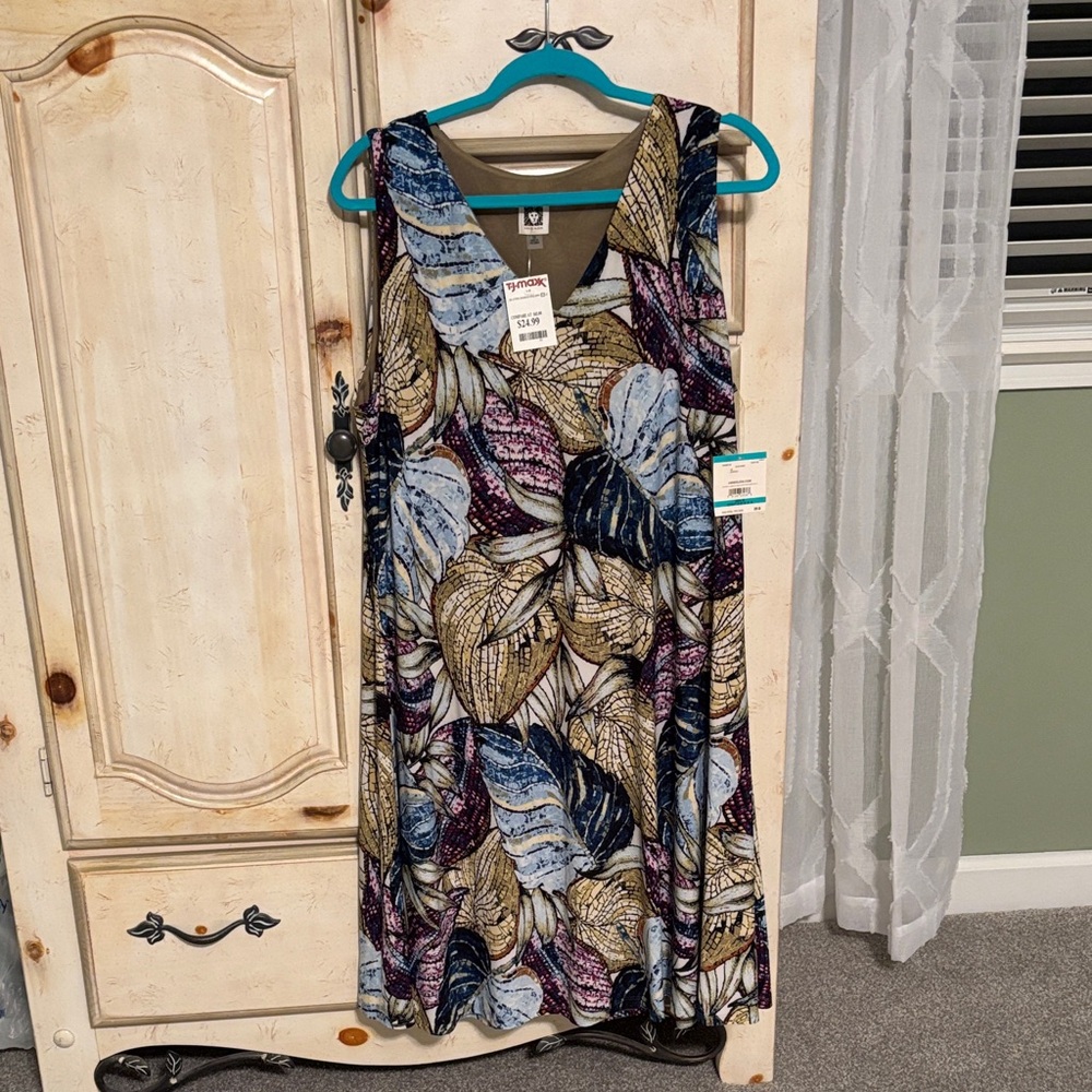Anne Klein Blue and Gold Leaf Print Midi Dress